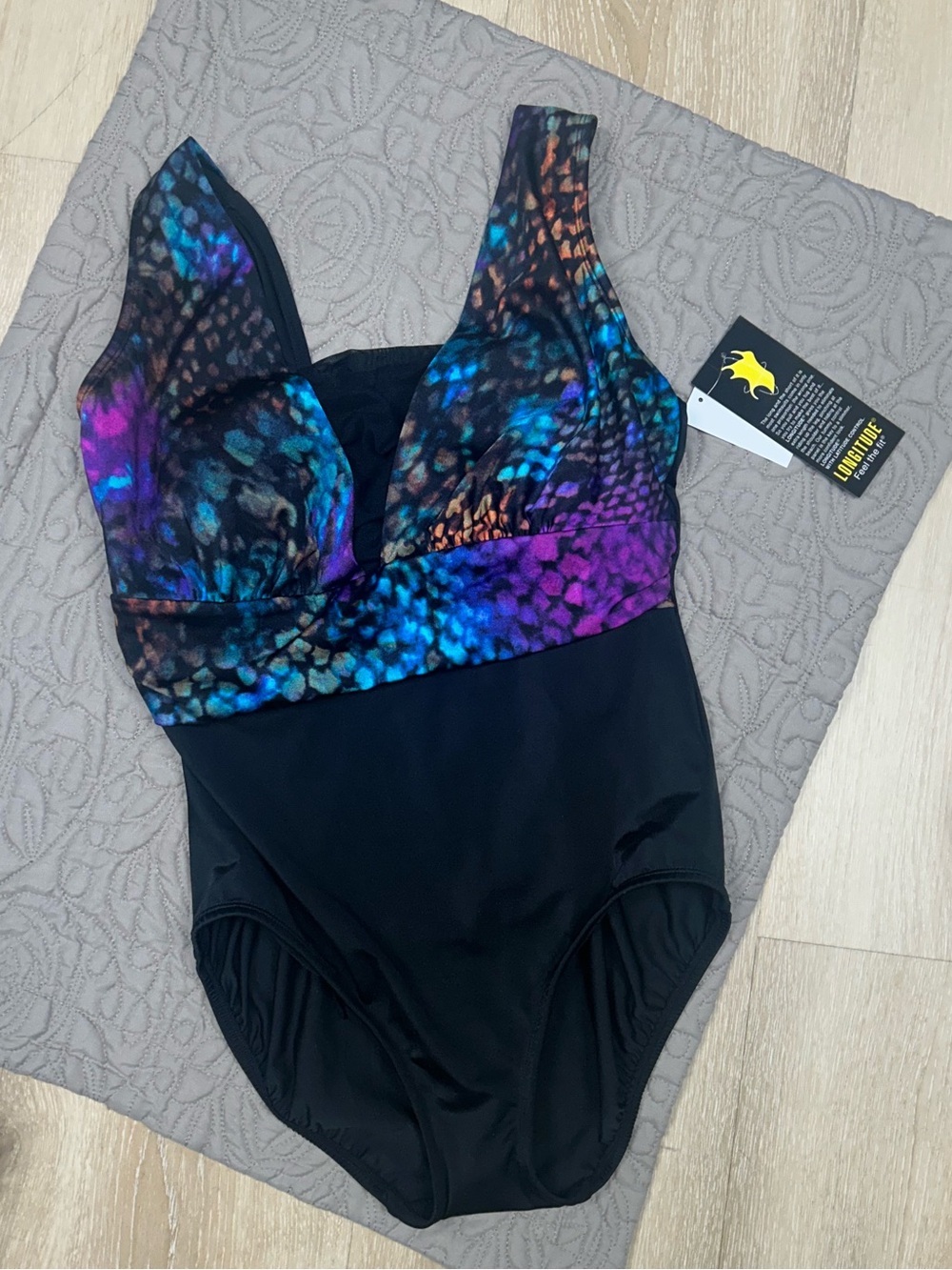 Longitude Black One-Piece Swimsuit with Multicolor Patterned Bust 14